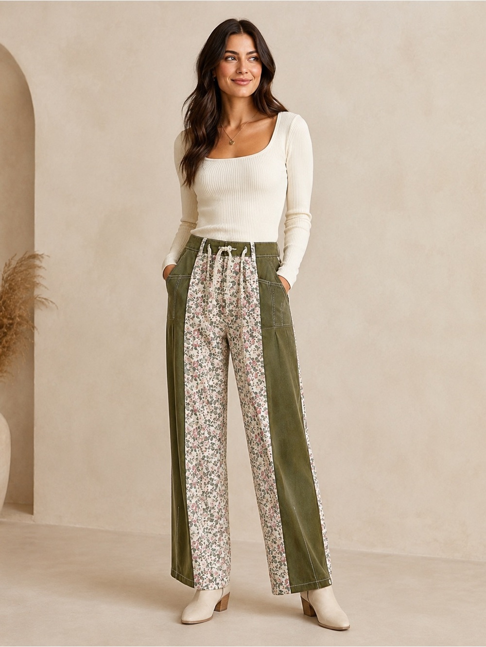 POL Olive Floral Patchwork Straight Leg Pants - Picture 2 of 2